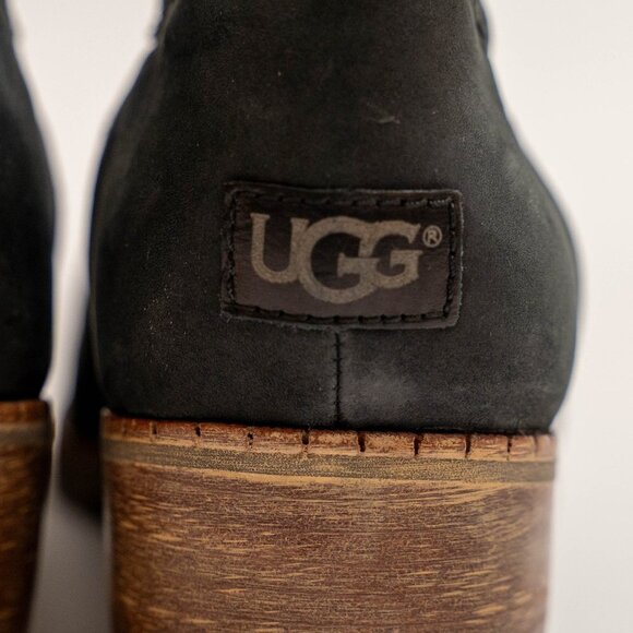UGG Black Suede Booties With Wooden Stacked Heel - Picture 3 of 8